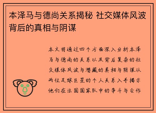本泽马与德尚关系揭秘 社交媒体风波背后的真相与阴谋