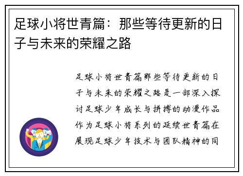 足球小将世青篇：那些等待更新的日子与未来的荣耀之路